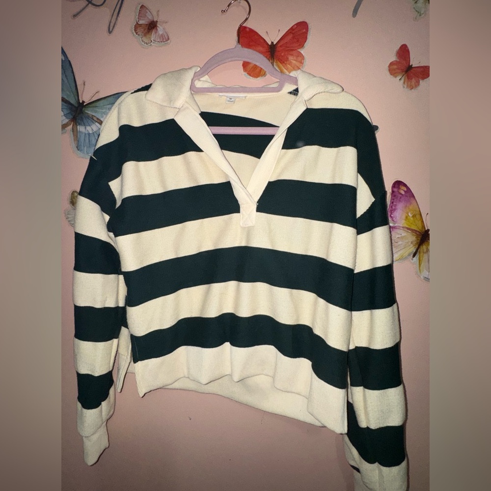 Blu Pepper Striped Cream and Dark Green Varsity Long Sleeve Top